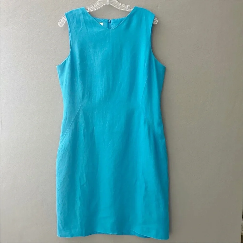 Talbots Vibrant Turquoise Blue Irish Linen Sleeveless Sheath Midi Dress Size 16 - Picture 1 of 10